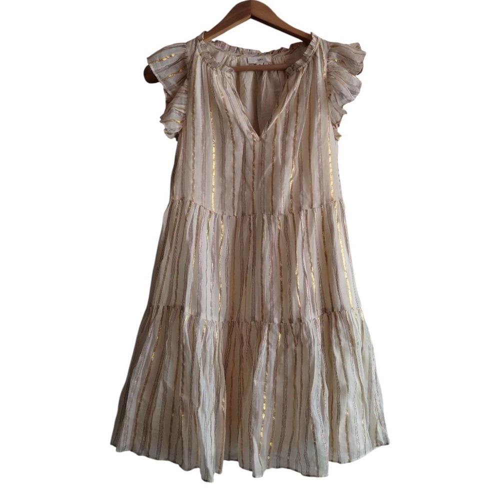 A Loves A Metallic Striped Print Split V-Neck Short Ruffled Sleeve Tiered Dress